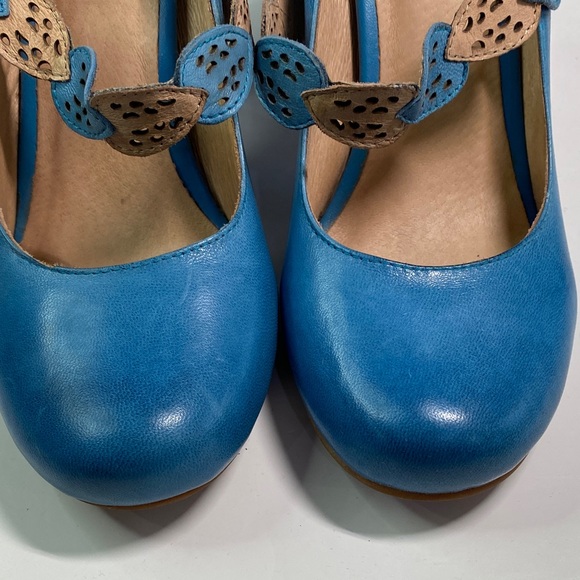Miz Mooz Solange Leather Maryjane’s Size 7 Turquoise/Tan 3.5” Pump Leaf Strap - Picture 4 of 13